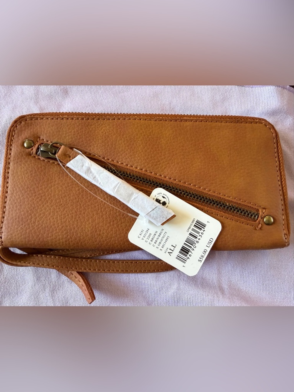 Free People Tan Leather Zip Wristlet Clutch